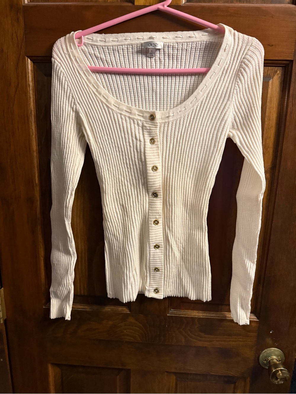 Cache Cream Ribbed Button-Front Long Sleeve Top